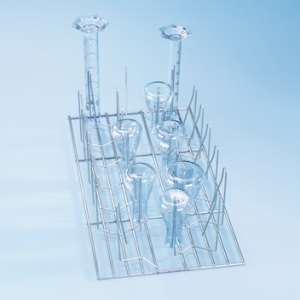 This product has been discontinued by the manufacturer. Please contact us for the closest replacement - Insert Miele half width with 26 small spring hooks, 105mm high, spacing approx. 60mm, for flasks, graduated cylinders, bottles, etc. for upper or lower baskets