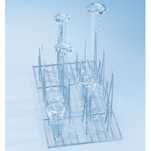 This product has been discontinued by the manufacturer. Please contact us for the closest replacement - Insert Miele half width with 26 mixed spring hooks, 10 x 175mm high and 16 x 105mm high, spacing approx. 60mm, for flasks, graduated cylinders, bottles, etc. for lower basket only