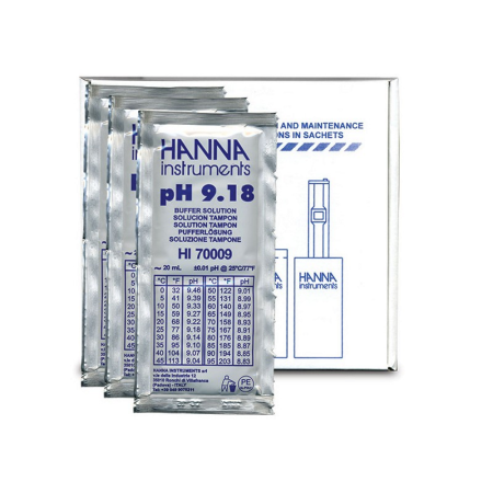 Buffer solutions Hanna Instruments HI-70009P, Technical buffer, pH 9.18 (25 x 20ml sachets), single-use sachets, calibration/verification purpose, 24 months shelf-life